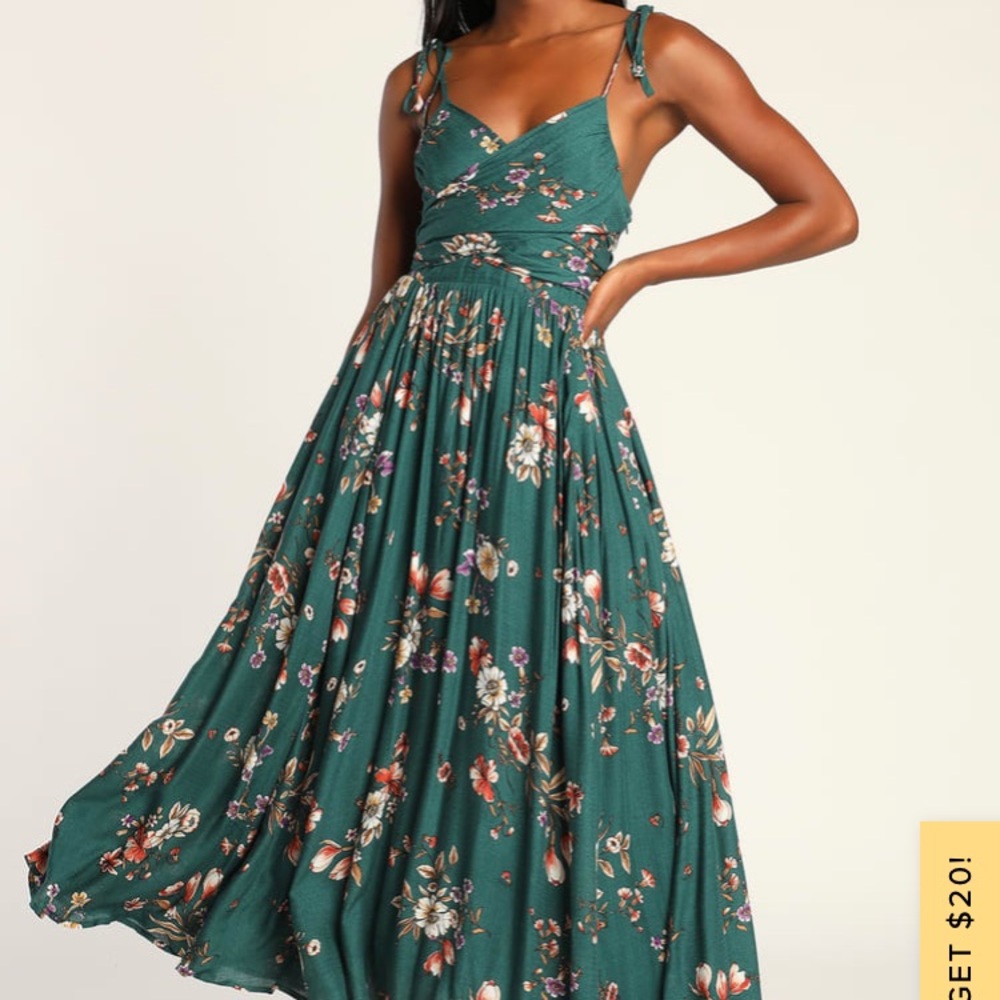 Never worn Lulu’s Green Multi Floral Print Tie-Strap Maxi Dress
